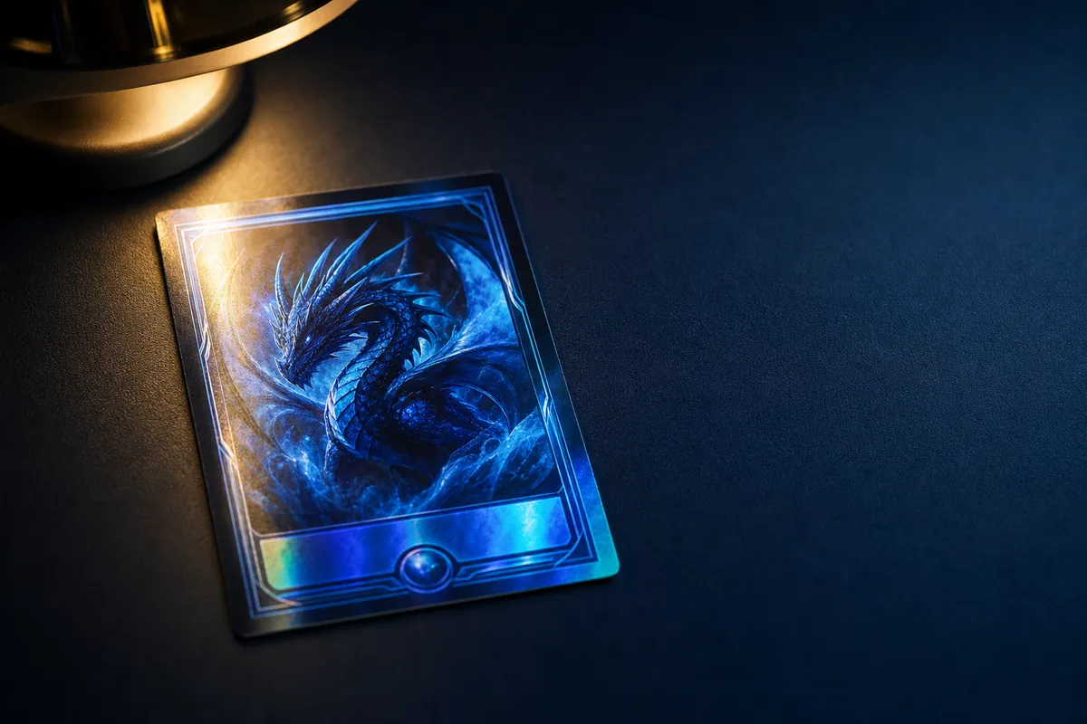 A glossy foil trading card lying on a dark desk under a warm angled lamp