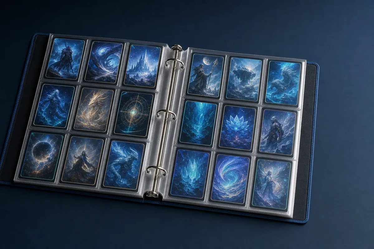 An open collector's binder showing a grid of sleeved cards in clear pockets