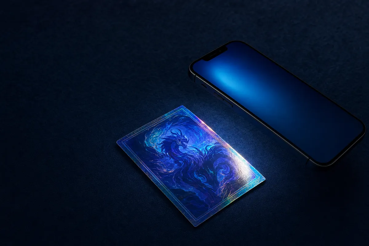A smartphone lying beside a foil trading card on dark cloth, lit from the side