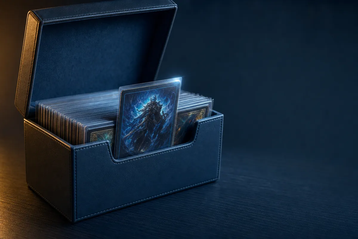 An open collector's storage box filled with upright sleeved cards, one card raised