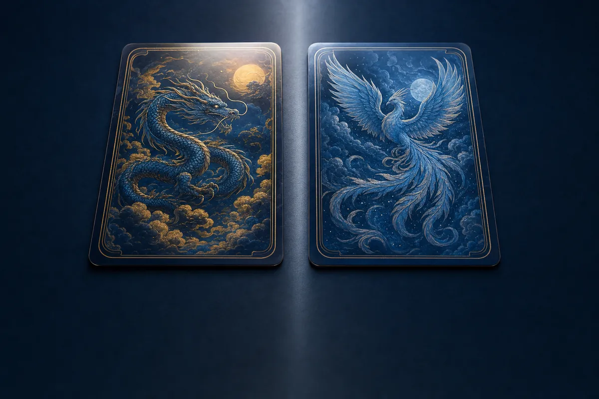 Two ornate trading cards side by side on a dark surface, split by a shaft of light