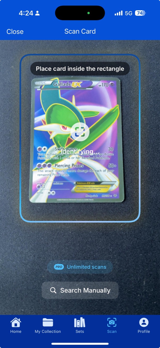 Card Catcher scanning a holographic Pokémon card with the camera, showing the identifying state