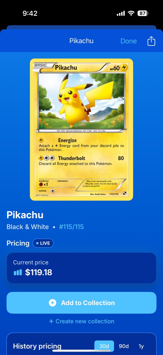 Card detail screen showing a Pokémon card's live market price and set number