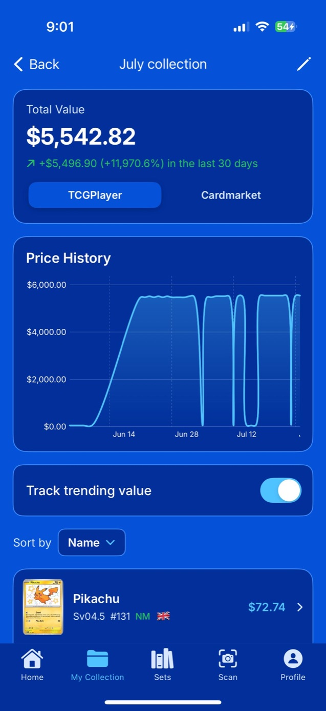 Collection screen showing total collection value and a price history chart